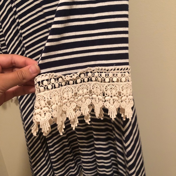 Navy Striped Dress with Lace Sleeve Detail - Picture 2 of 4